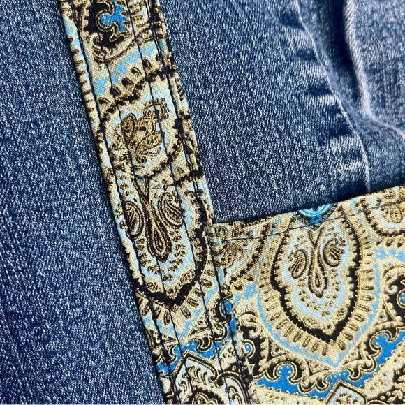 Upcycled Denim & fabric tote bag handmade Blue Metallic Symphony Medallion print - Picture 3 of 7